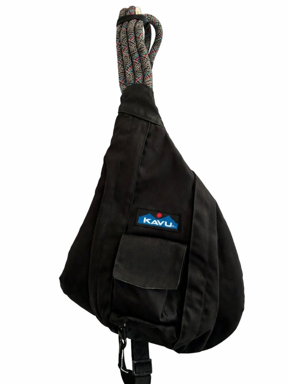 NWT KAVU Black Rope Sling Bag – Adjustable Multicolor Strap, Multi‑Pocket